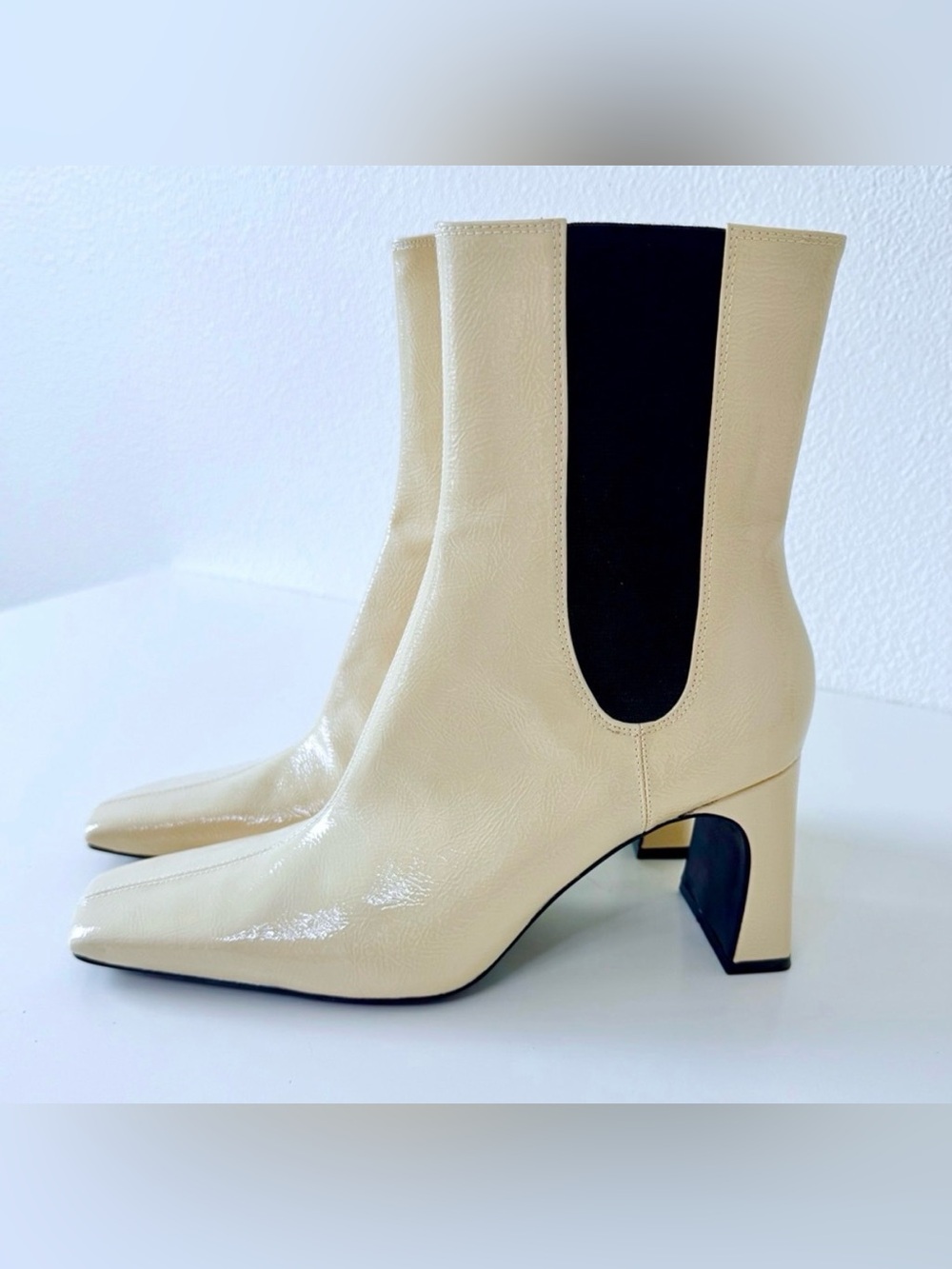 Zara Patent Square-Toe Heeled Ankle Boots-Ecru-Women’s Size 9 Vegan - Picture 2 of 14